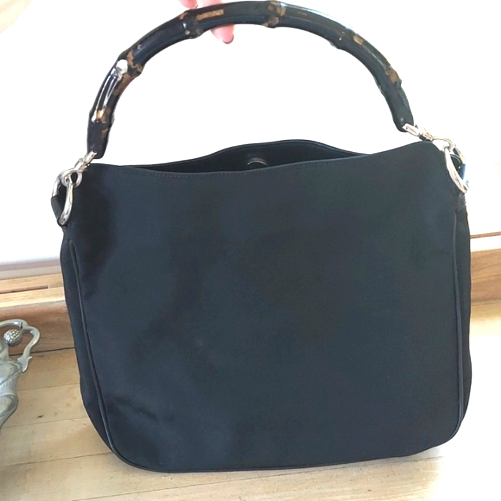 Gucci Bag, Bamboo Handle, Black Nylon Canvas, Silver Hardware, Leather Detail